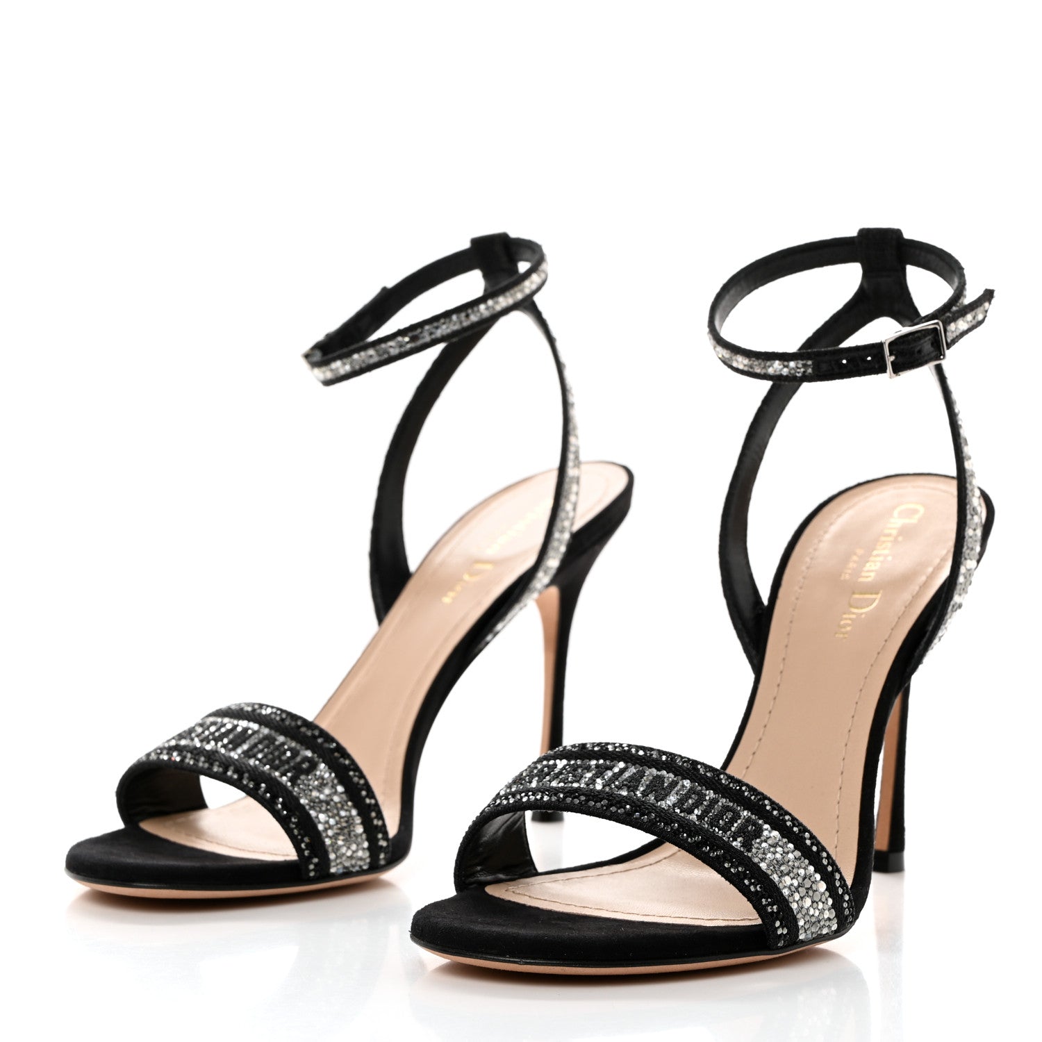 Christian Dior Cotton Strass Embroidered Dway Heeled Sandals 39.5 Black Silver 3 of 9