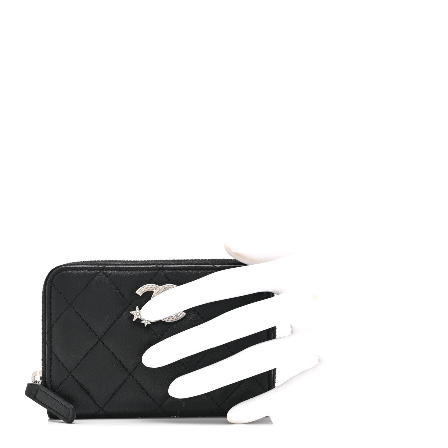 Chanel Lambskin Crystal Star Quilted Studded CC Zip Around Card Holder Wallet Black 2 of 10