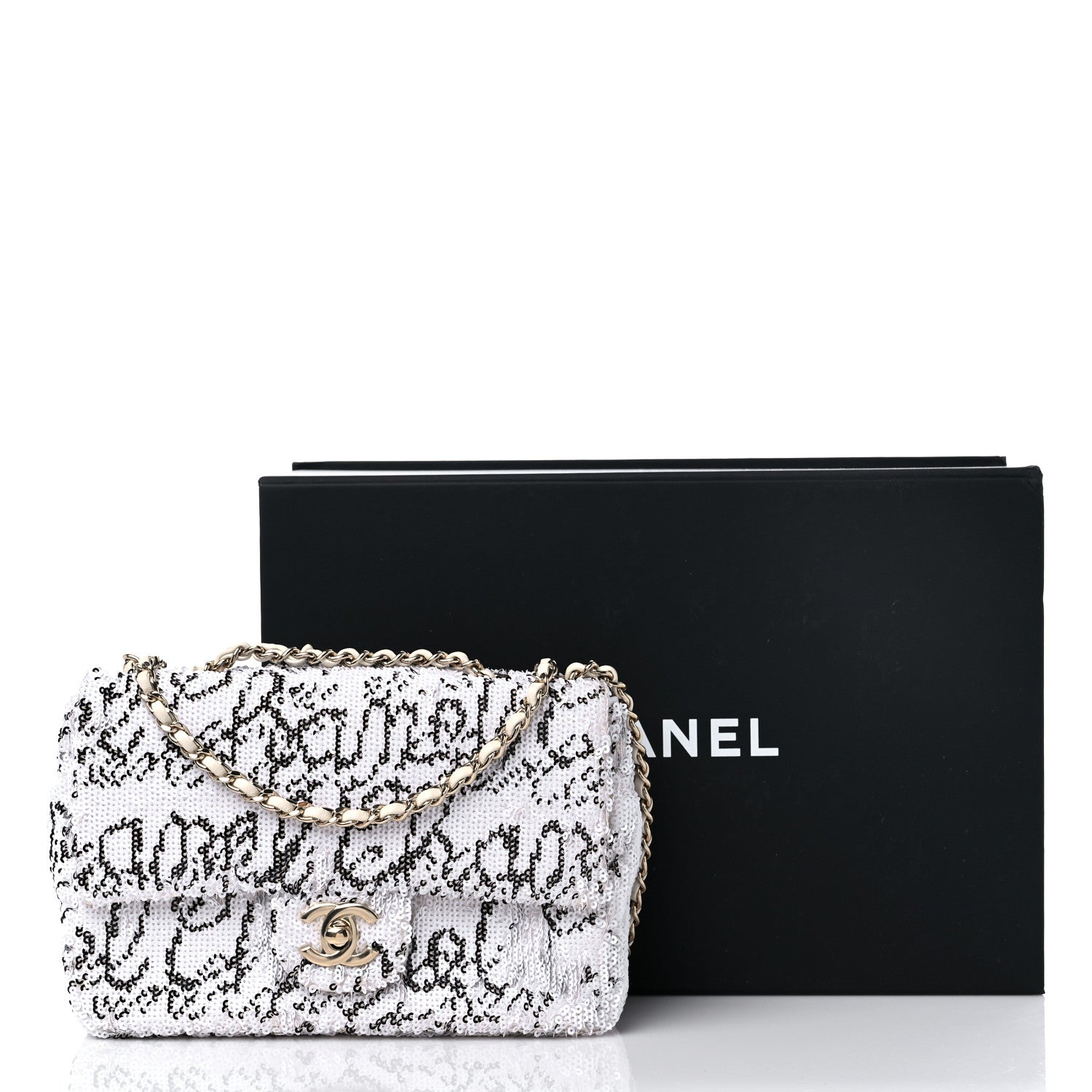 Chanel Sequin Logo Mini Rectangular Flap White Black 11 of 11