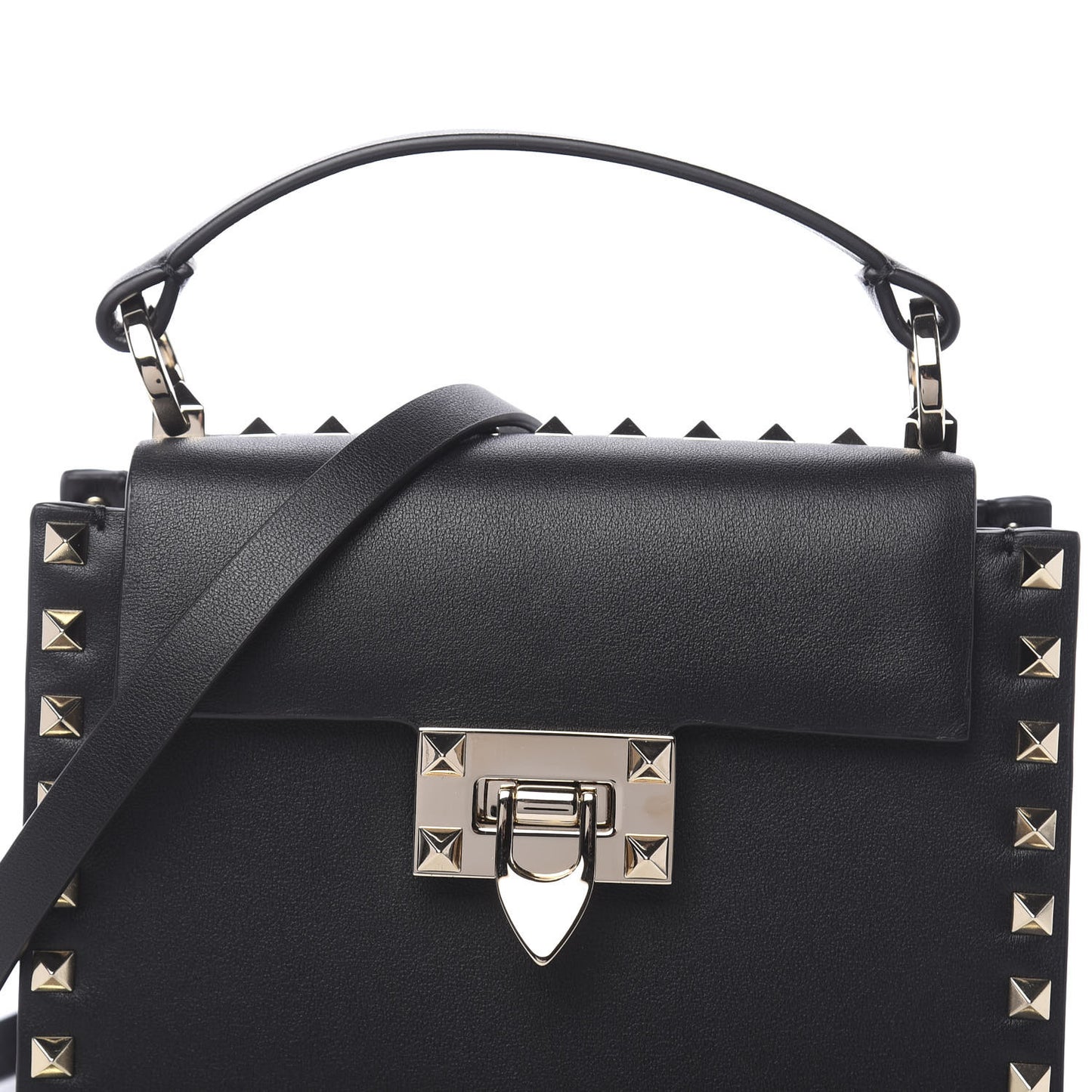 Vitello Rockstud Overlay Flap Top Handle Bag Black