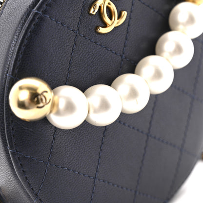 Chanel Goatskin Quilted Chic Pearls Chain Round Clutch With Chain  Navy 14 of 14