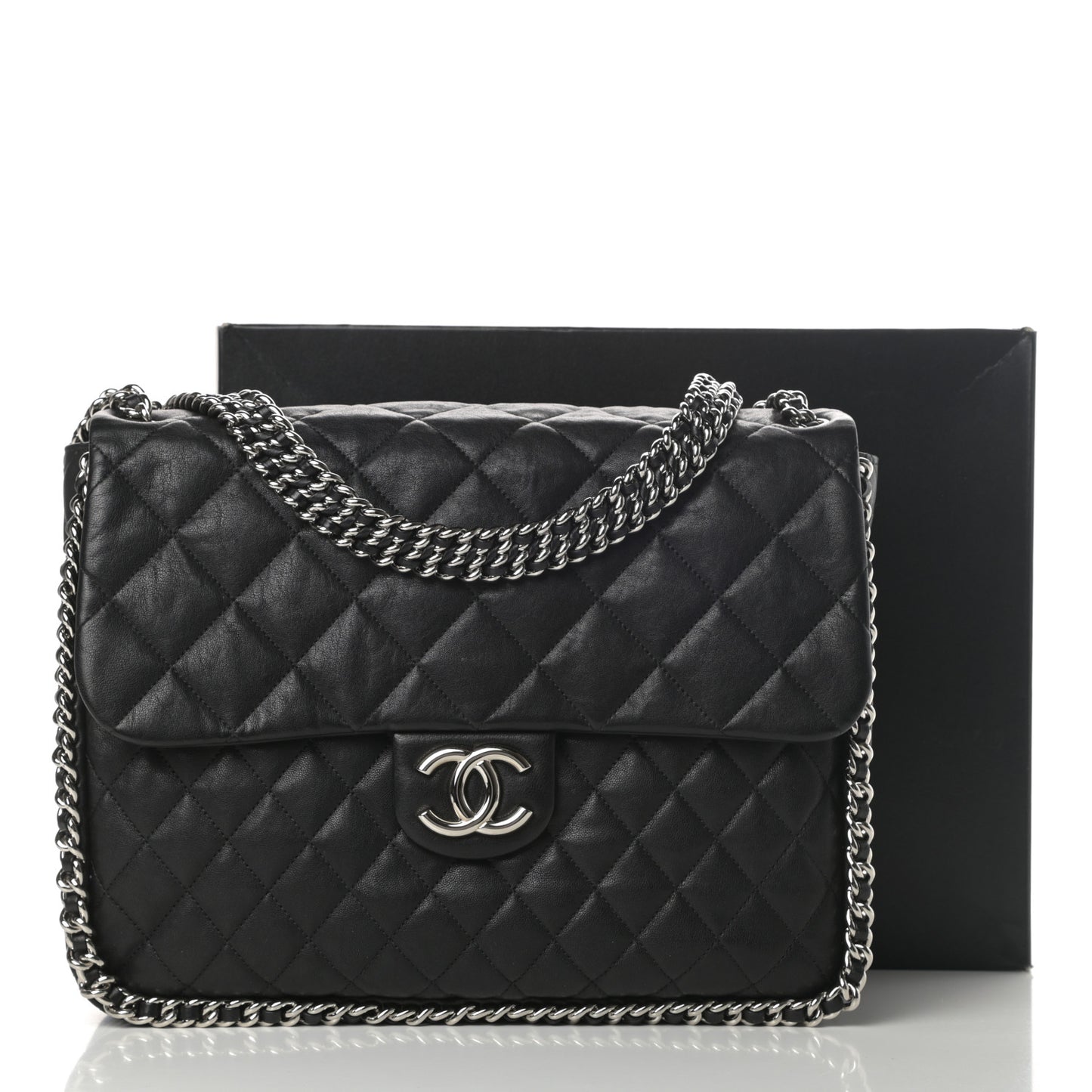 Washed Lambskin Quilted Maxi Chain Around Flap Black