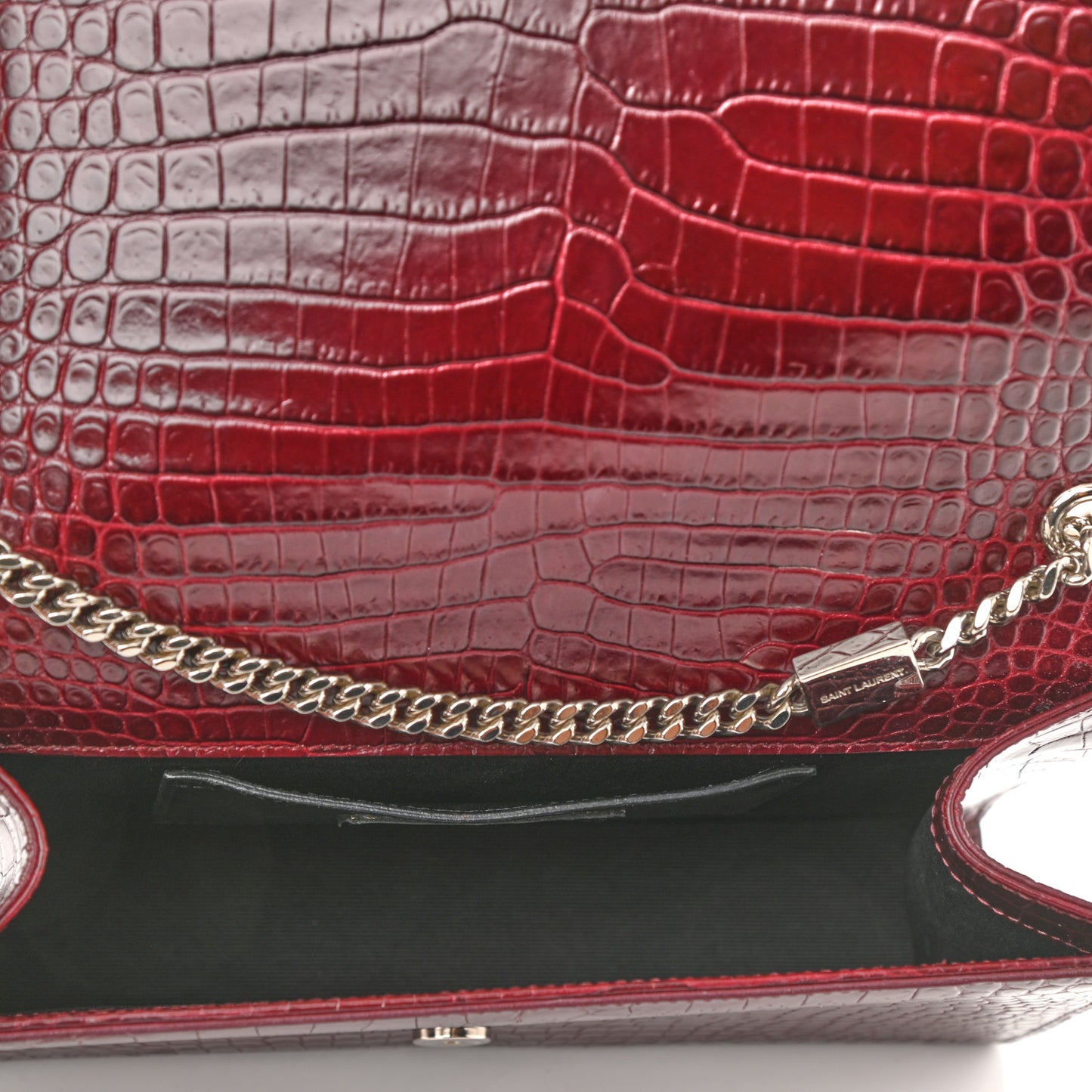 Calfskin Crocodile Embossed Medium Classic Monogram Kate Tassel Satchel Dark Red