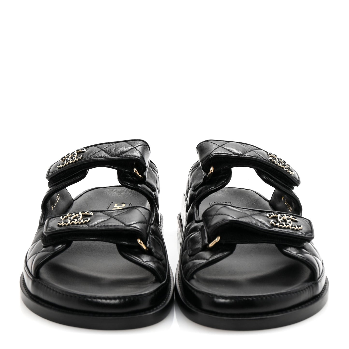 Lambskin Quilted Velcro Dad Chain CC Slide Sandals 38 Black