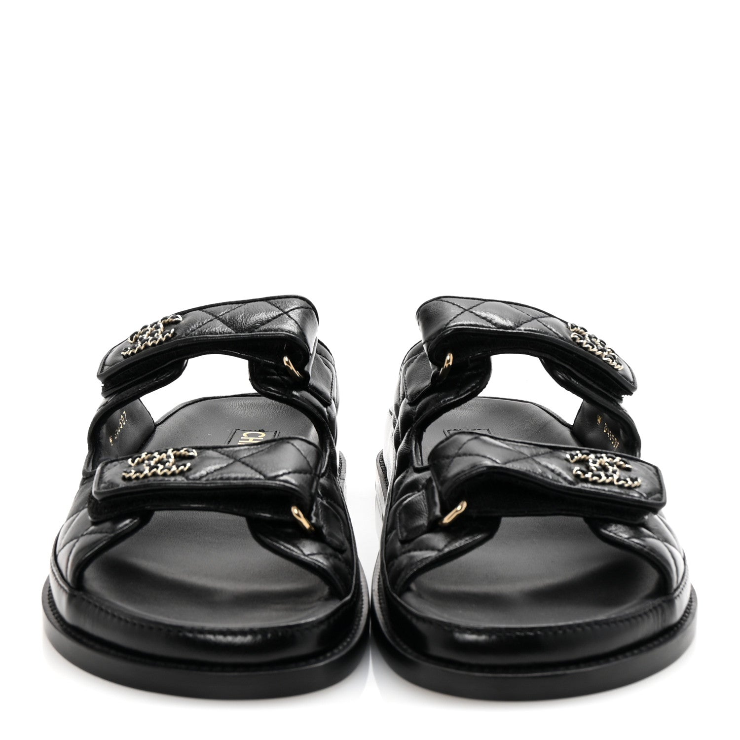 Chanel Lambskin Quilted Velcro Dad Chain CC Slide Sandals 38 Black 3 of 10