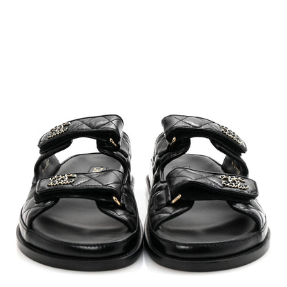 Chanel Lambskin Quilted Velcro Dad Chain CC Slide Sandals 38 Black 3 of 10