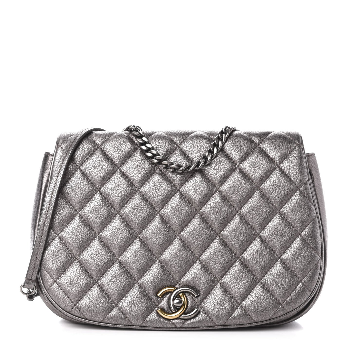 Metallic Calfskin Quilted Casual Pocket Messenger Flap Silver