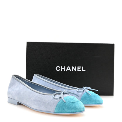 Chanel Suede Calfskin Cap Toe CC Ballerina Flats 37 Light Blue Turquoise 9 of 9