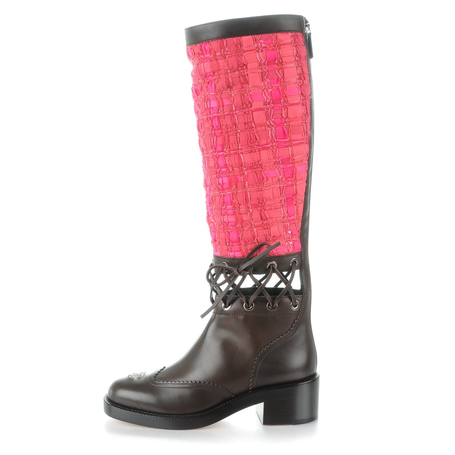 Chanel Tweed Calfskin Lace Up Knee High Boots 37.5 Fuchsia Brown 1 of 7