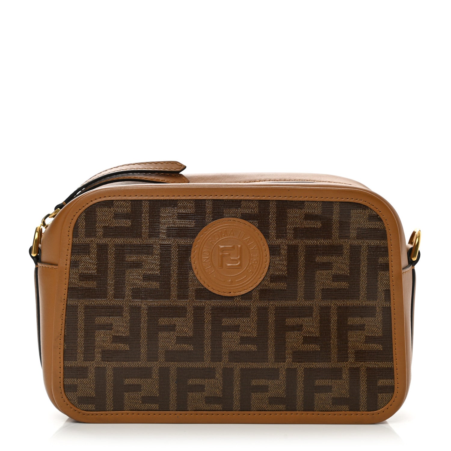 Fendi Glazed Fabric Vitello Century FF 1974 Stamp Patch Camera Case Mogano Panna Caramello 1 of 8