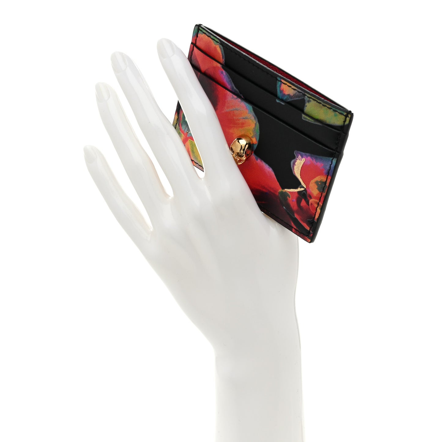 Calfskin Flower Printed Skull Card Holder Black Multicolor