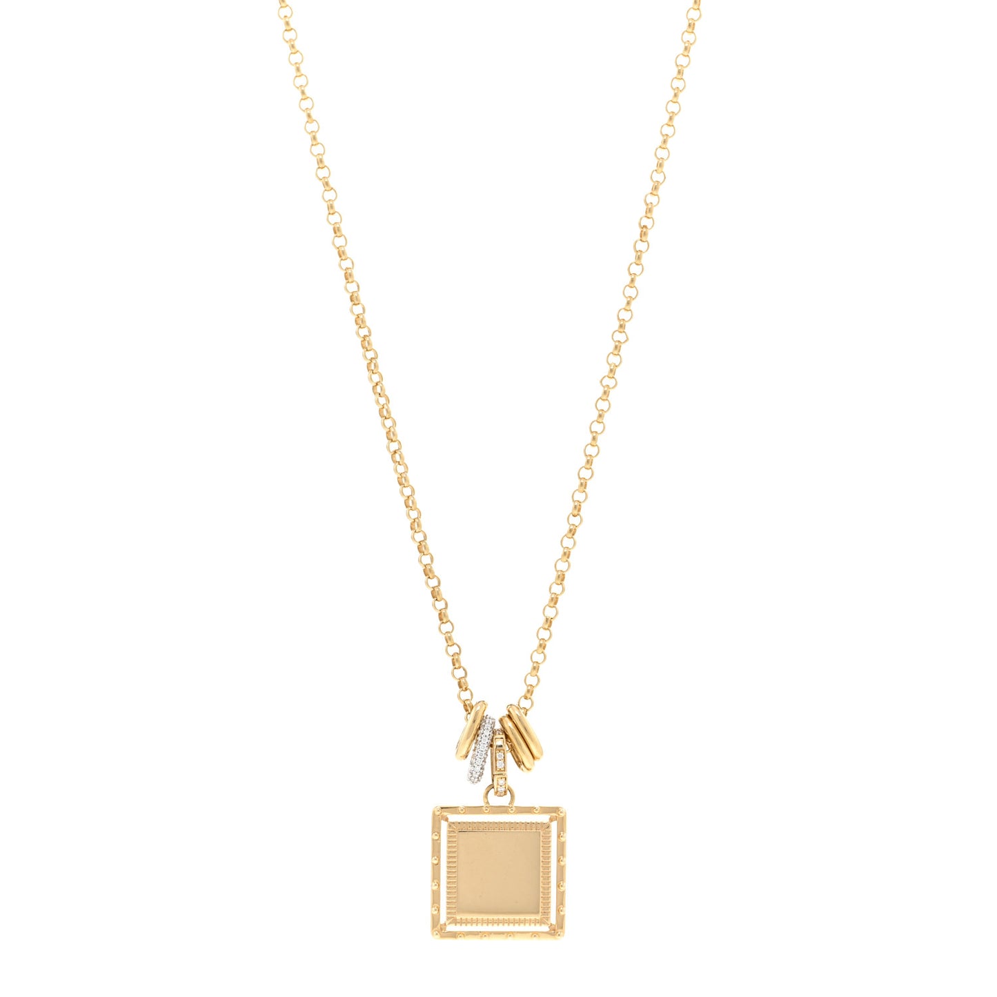 18K Yellow White Gold Diamond Baby Lovestruck Engraveable Square Pendant Small Belcher Chain Necklace