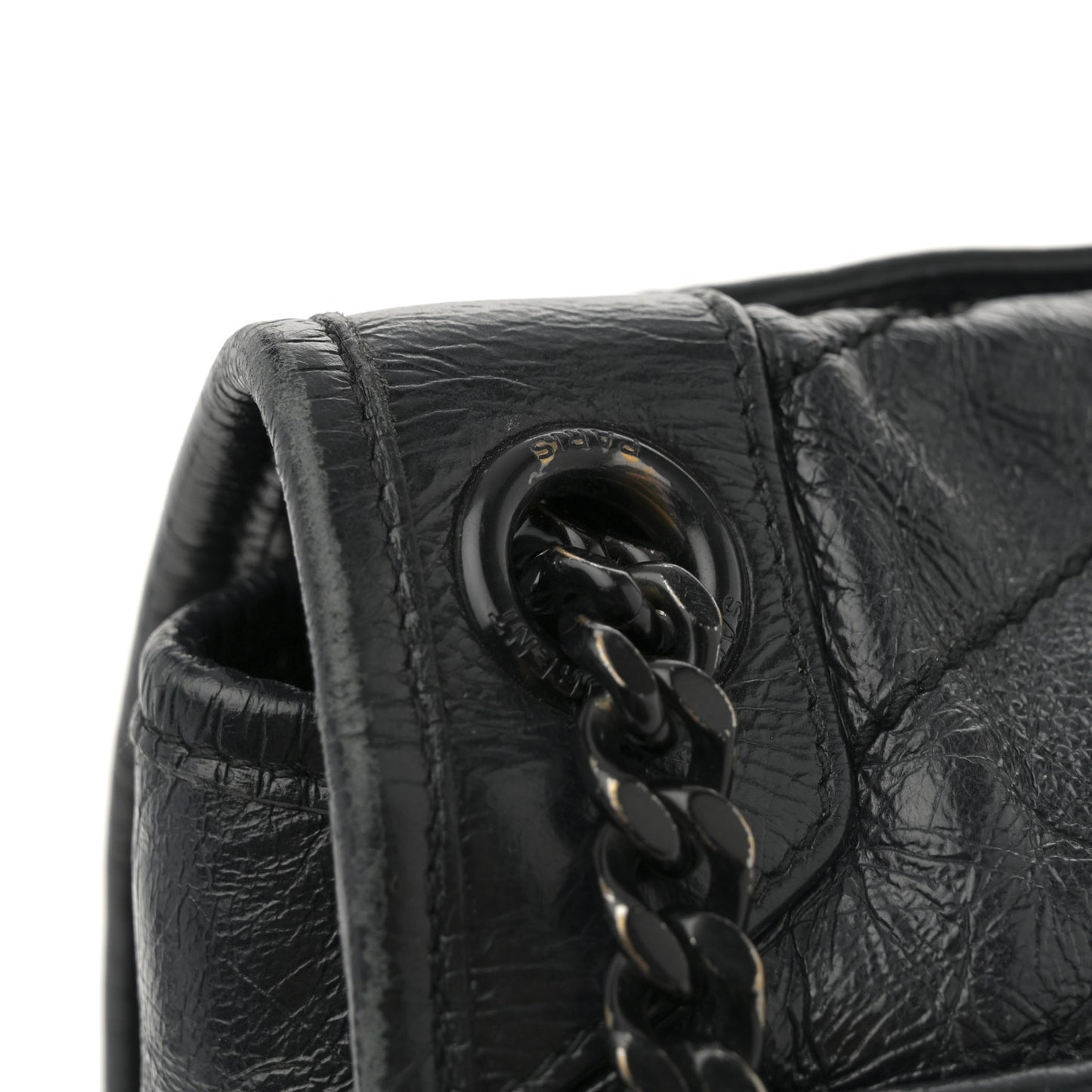 Crinkled Calfskin Matelasse Monogram Large Niki Chain Satchel Black