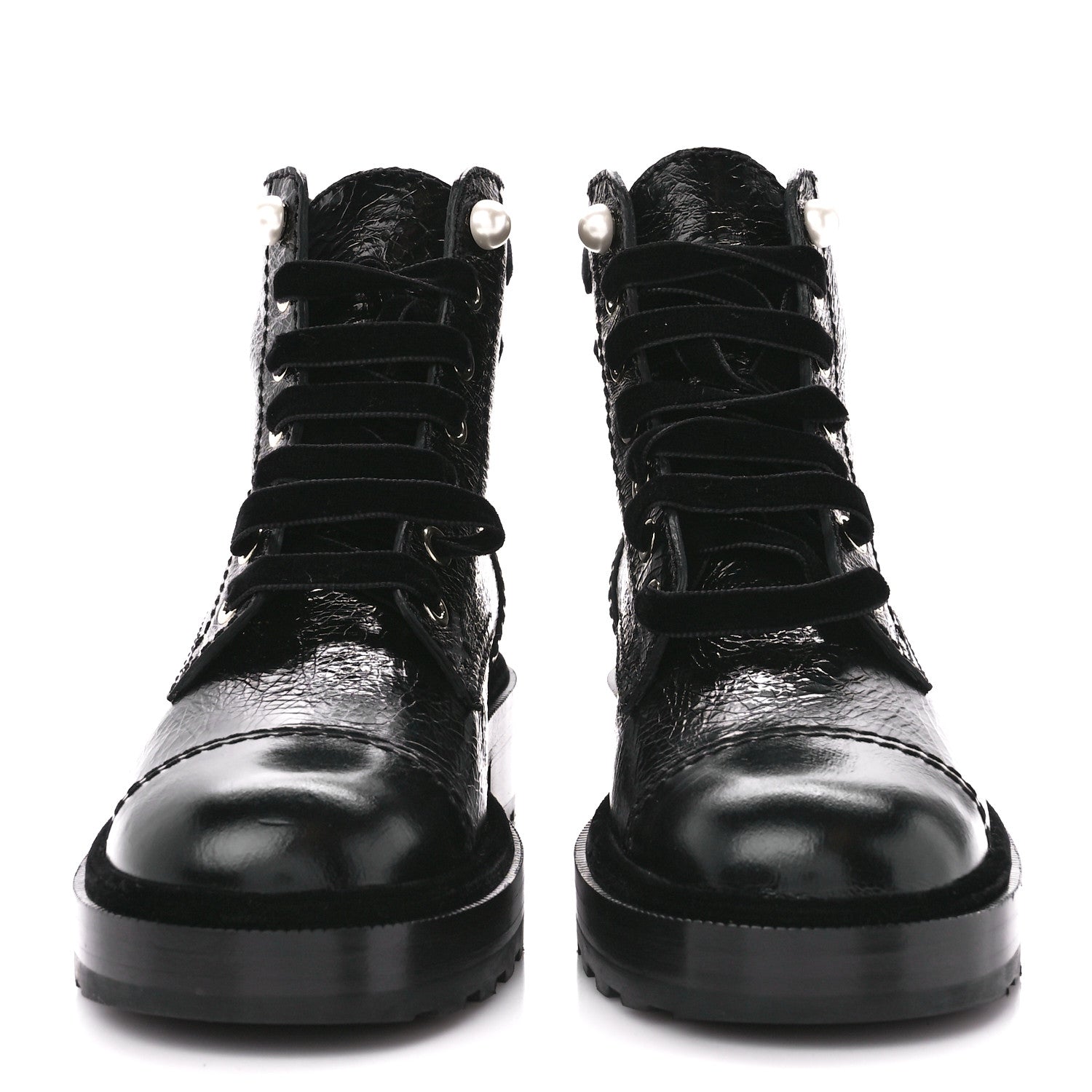 Chanel Shiny Calfskin Velvet Pearl Combat Short Boots 36.5 Black 2 of 9