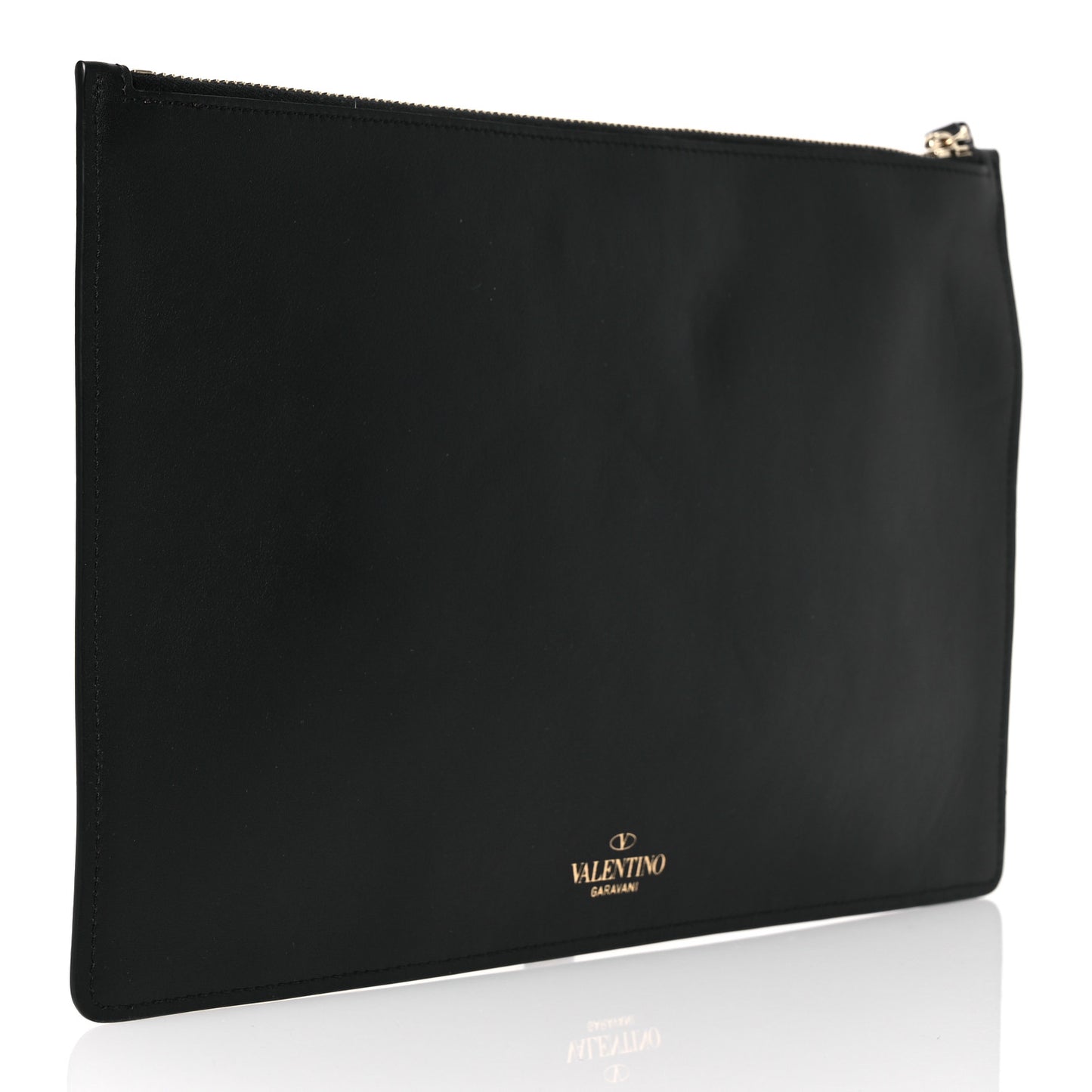 Calfskin VLTN Large Flat Zip Pouch Black