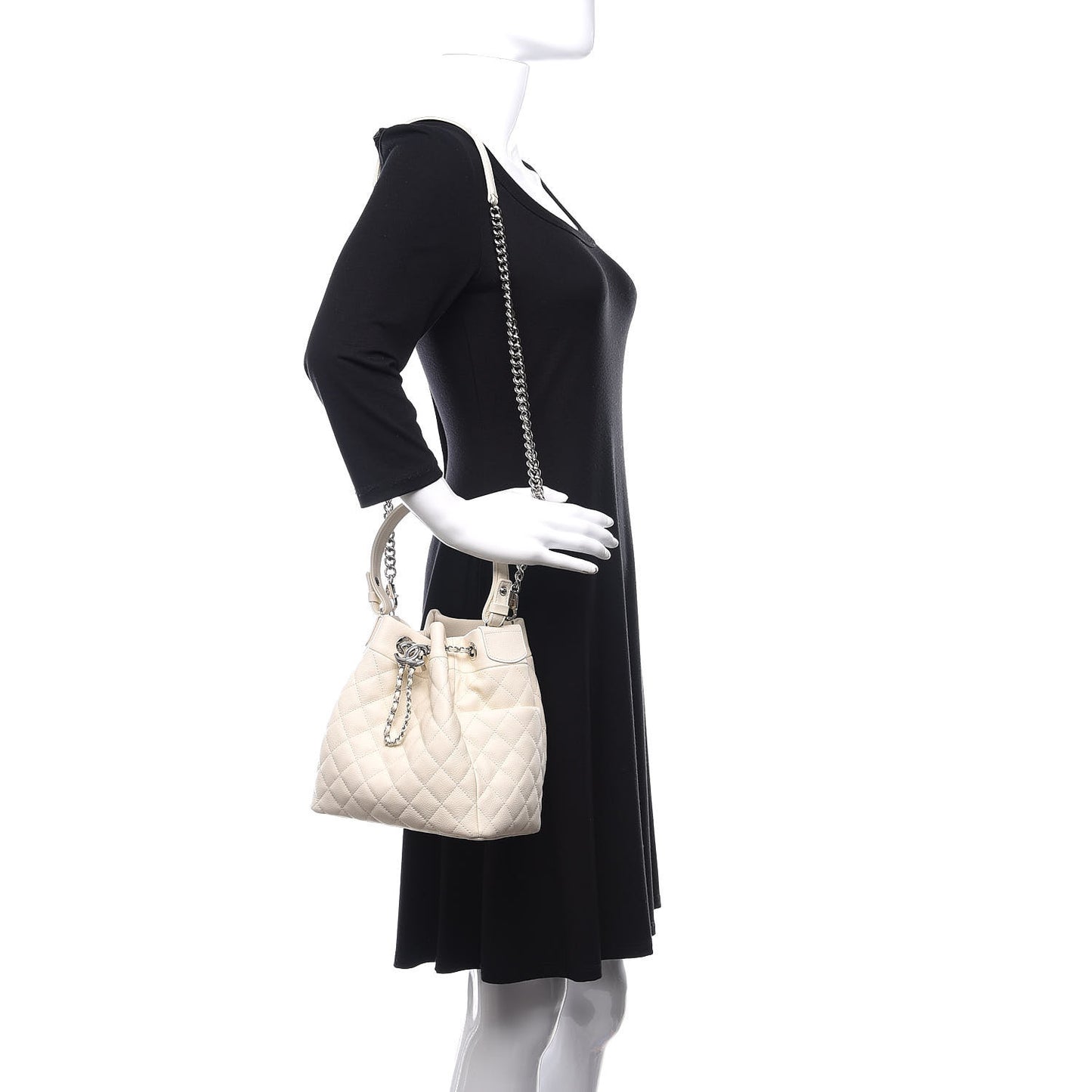 Caviar Flat Quilted Small Chain Bucket Bag Off White