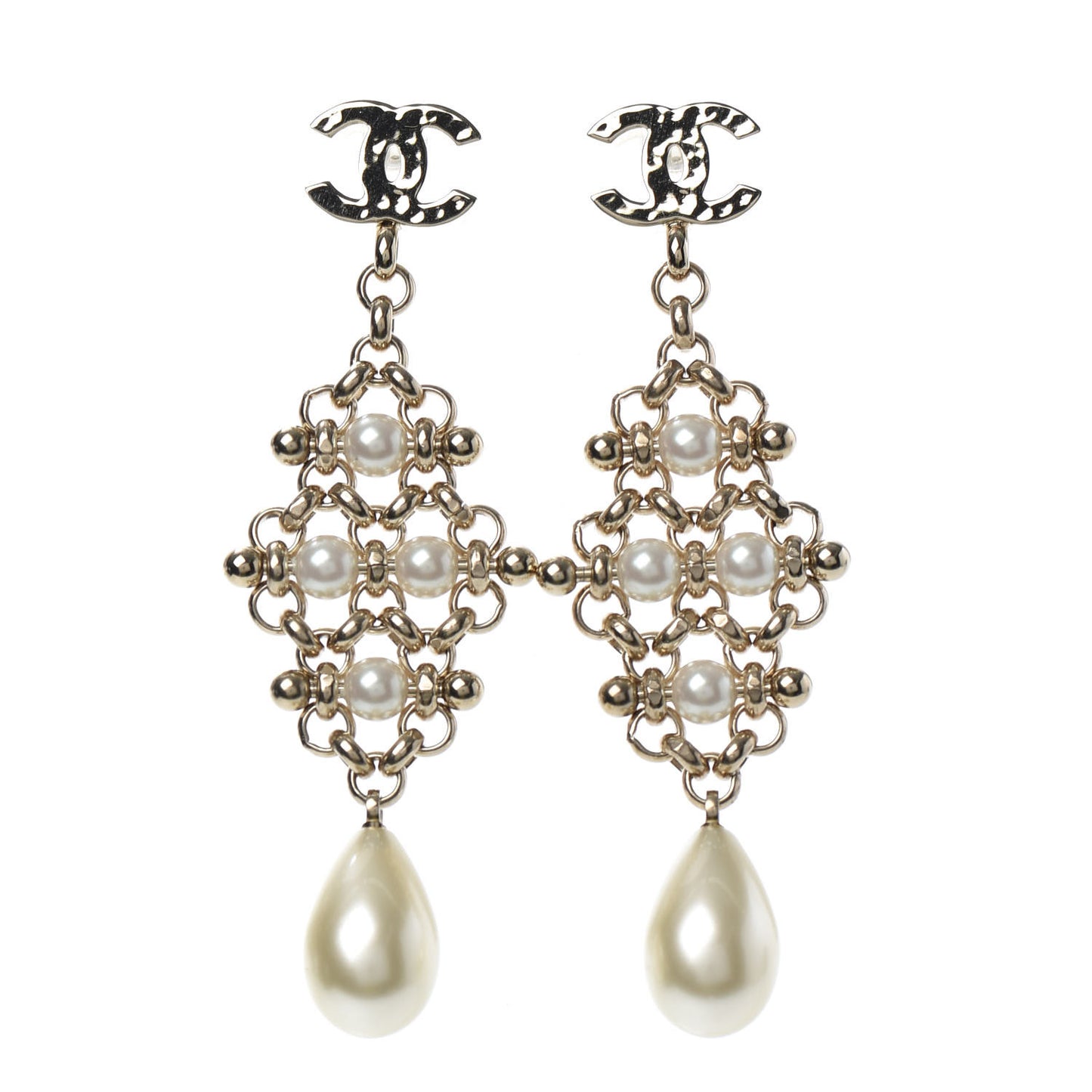 Pearl Crystal CC Charms Dangle Earrings Light Gold