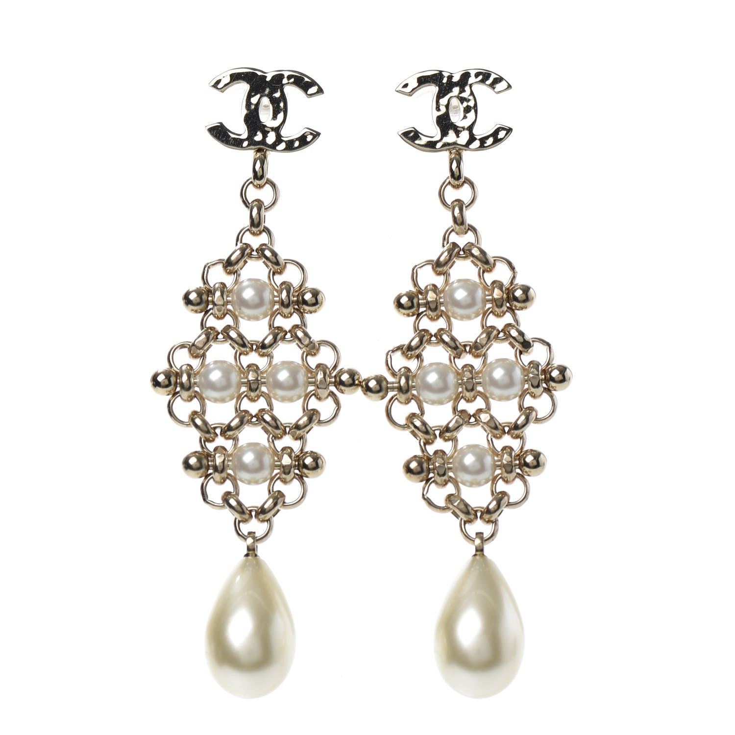 Chanel Pearl Crystal CC Charms Dangle Earrings Light Gold 1 of 4