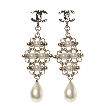 Chanel Pearl Crystal CC Charms Dangle Earrings Light Gold 1 of 4
