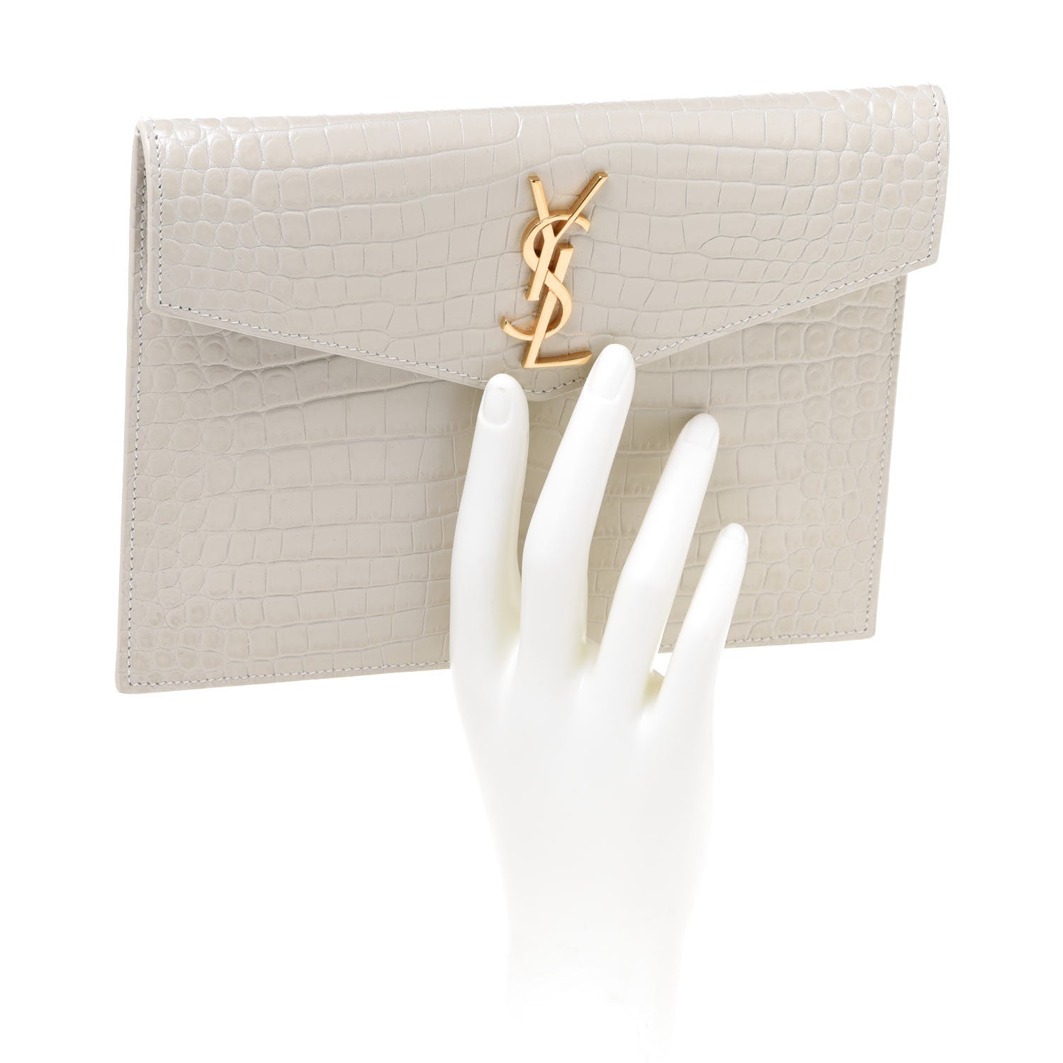 Saint Laurent Calfskin Crocodile Embossed Monogram Uptown Baby Pouch Perle 2 of 7
