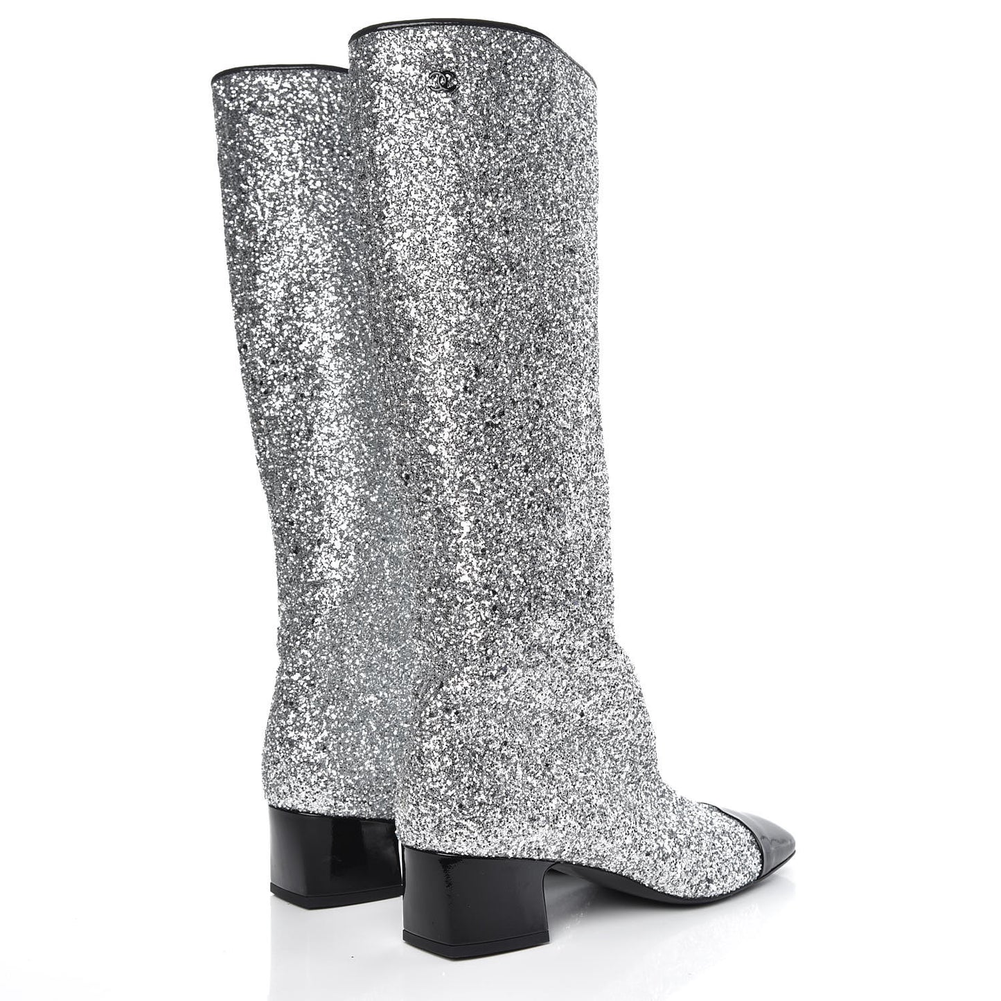 Glitter Patent Calfskin Cap Toe Fantasy High Boots 38.5 Silver Black