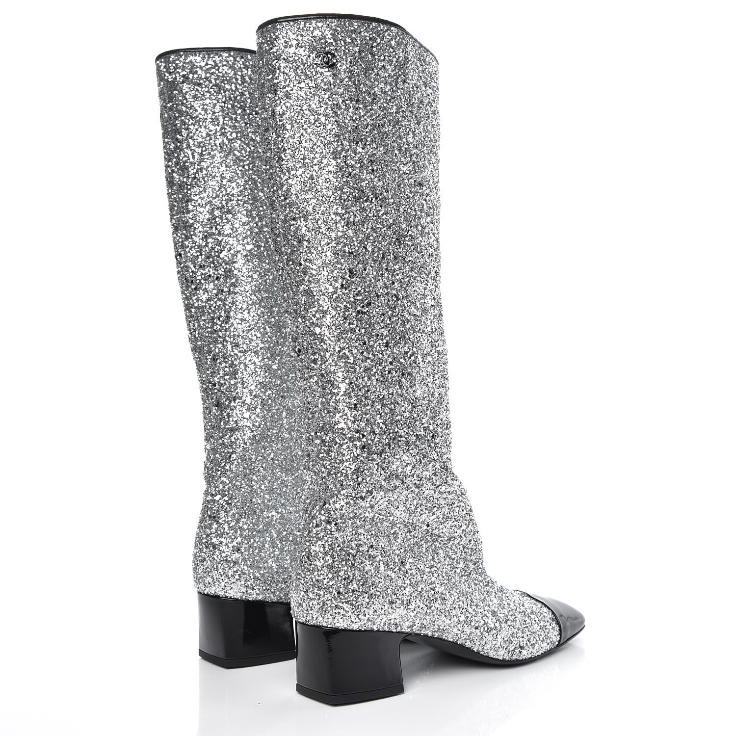 Chanel Glitter Patent Calfskin Cap Toe Fantasy High Boots 38.5 Silver Black 4 of 8
