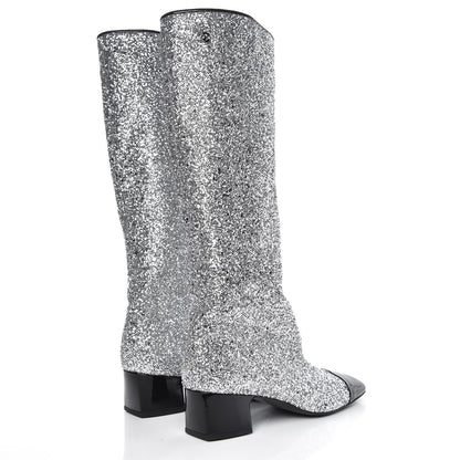 Chanel Glitter Patent Calfskin Cap Toe Fantasy High Boots 38.5 Silver Black 4 of 8