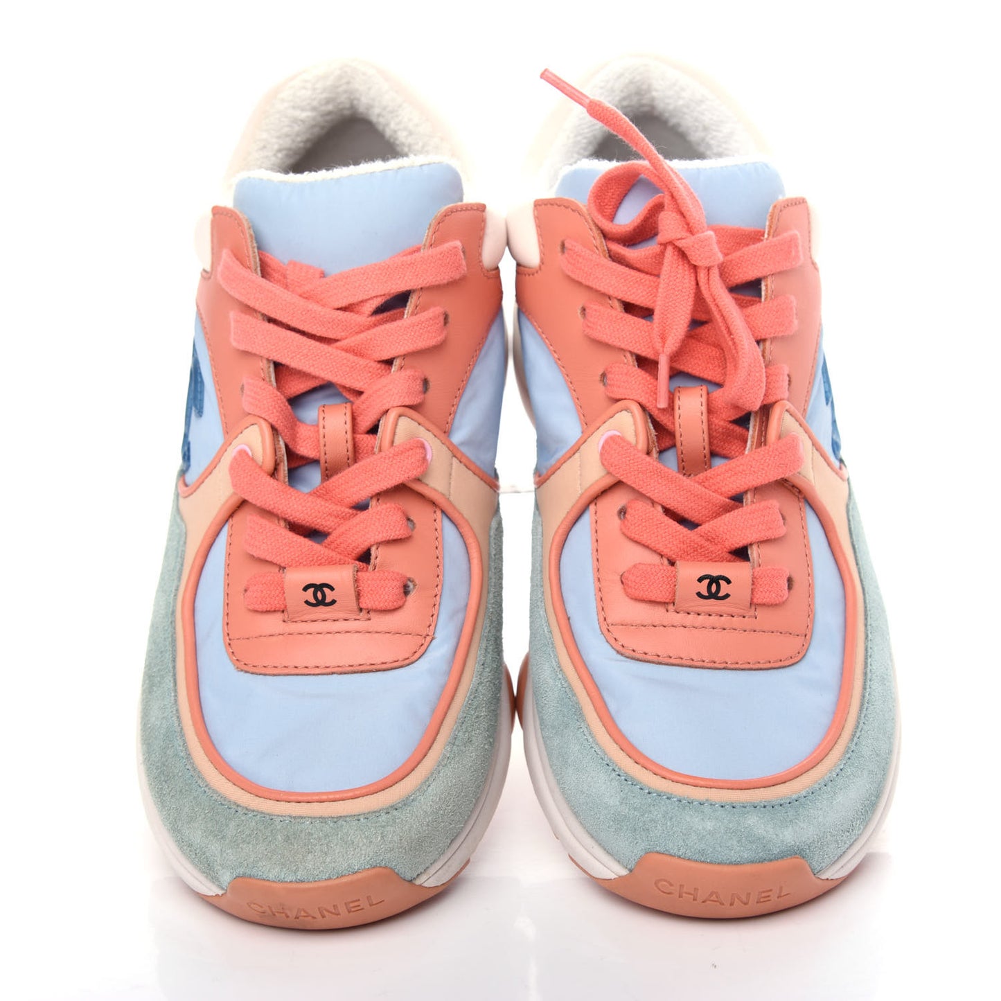 Nylon Lambskin Suede Calfskin CC Sneakers 36 Coral Light Blue White