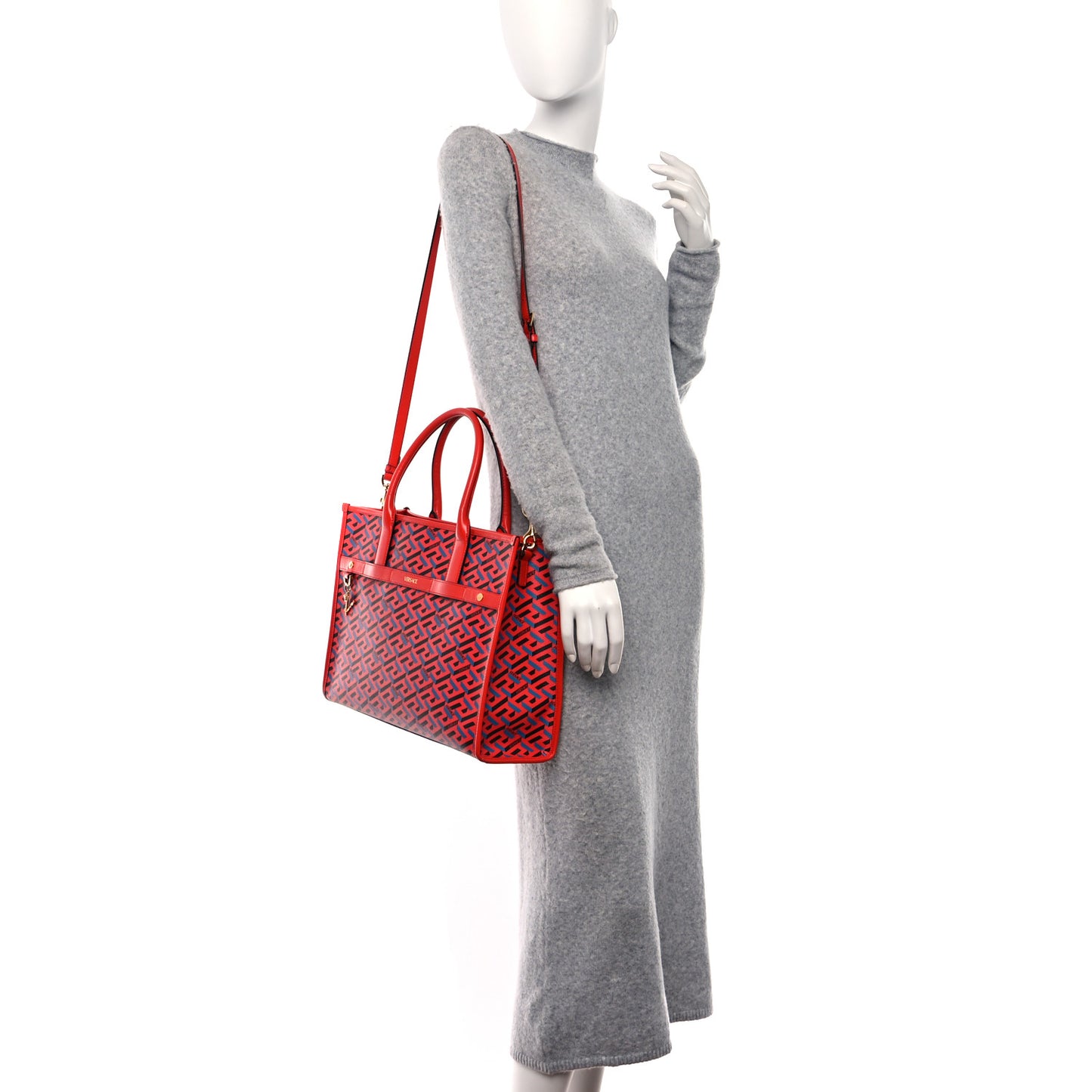 Coated Canvas Calfskin La Greca Signature Tote Bag Blue Red