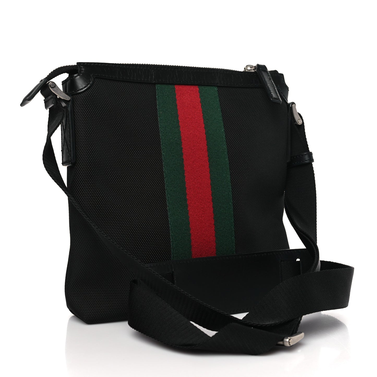 Techno Canvas Selleria Calfskin Web Small Flat Messenger Bag Black