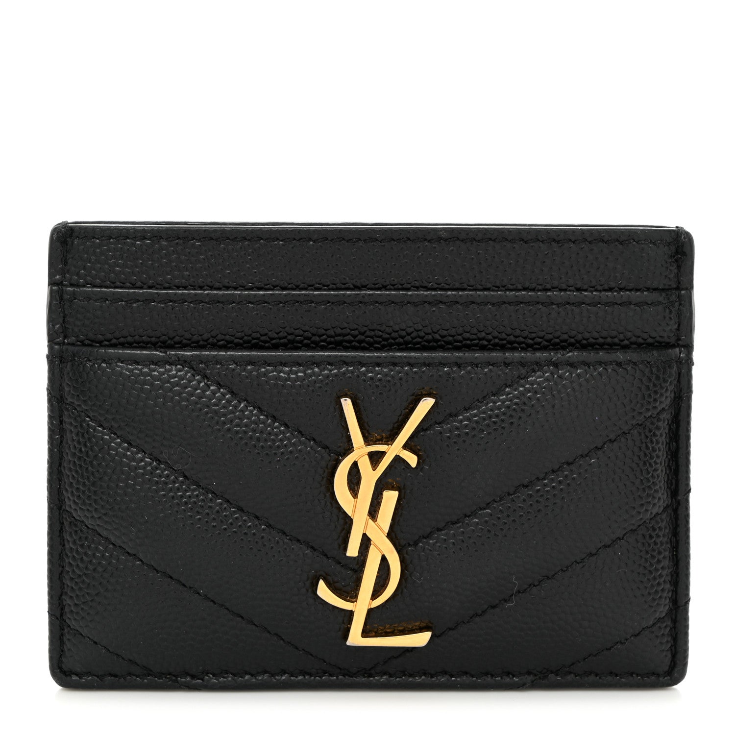 Saint Laurent SAINT LAURENT Grain De Poudre Matelasse Chevron Monogram Credit Card Case Black 1 of 6