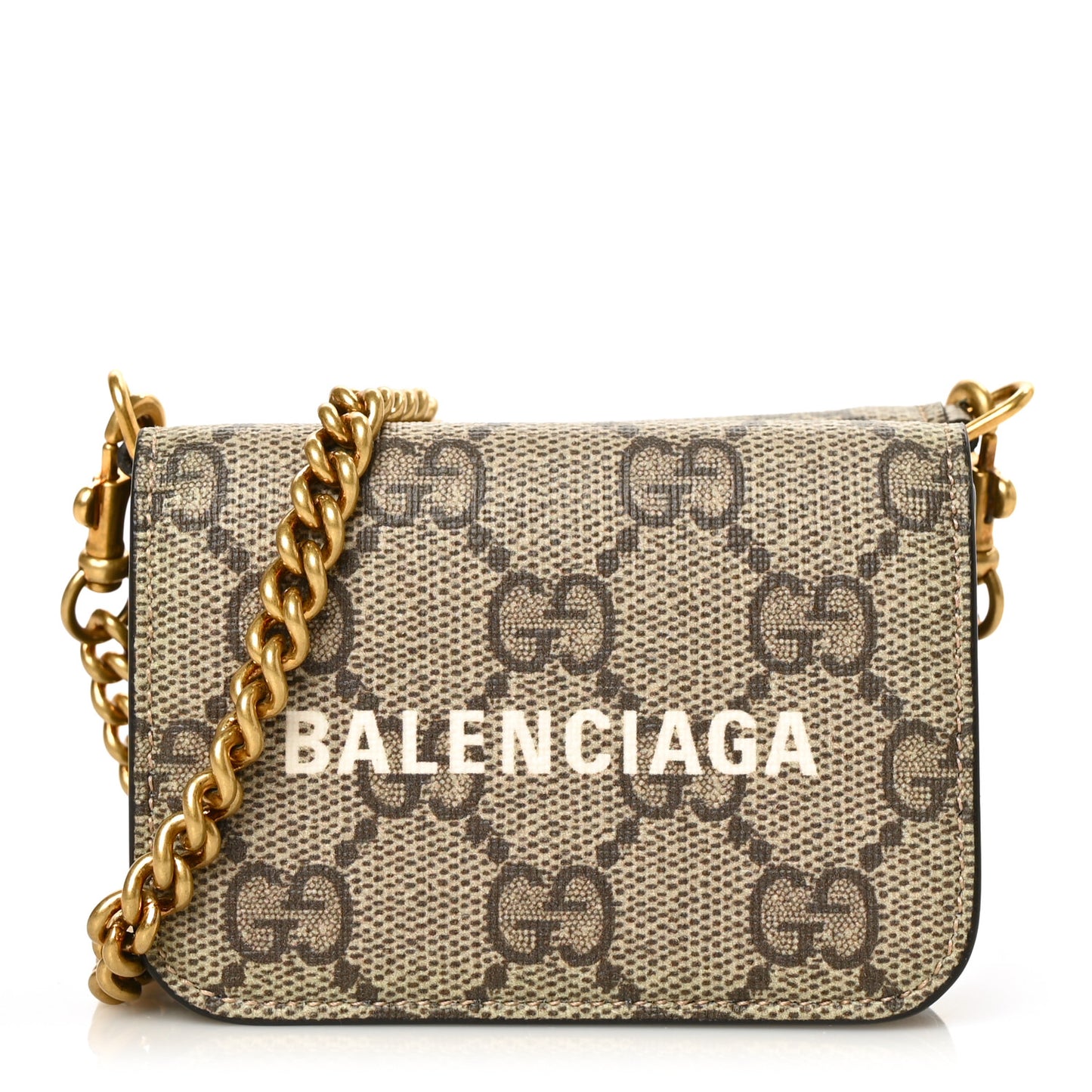 GUCCI X BALENCIAGA GG Supreme Monogram Logo Mini Cash Wallet on Chain Beige Ebony