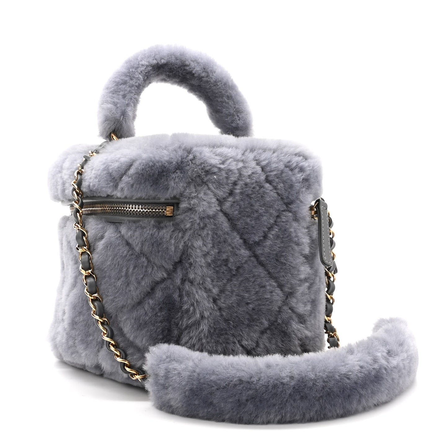Shearling Lambskin Quilted Small Vanity Case Grey