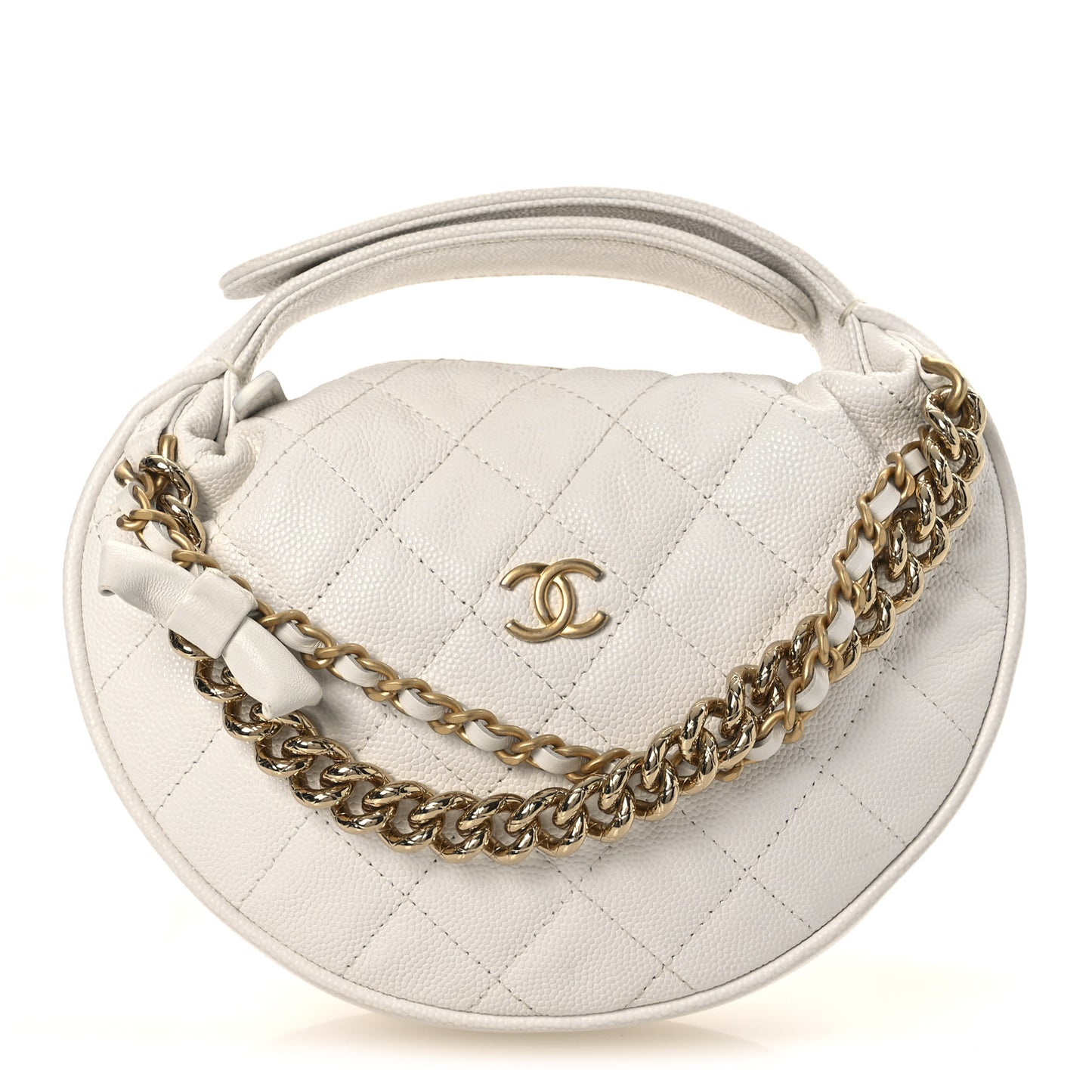 Shiny Caviar Quilted Bow Pouch Hobo White