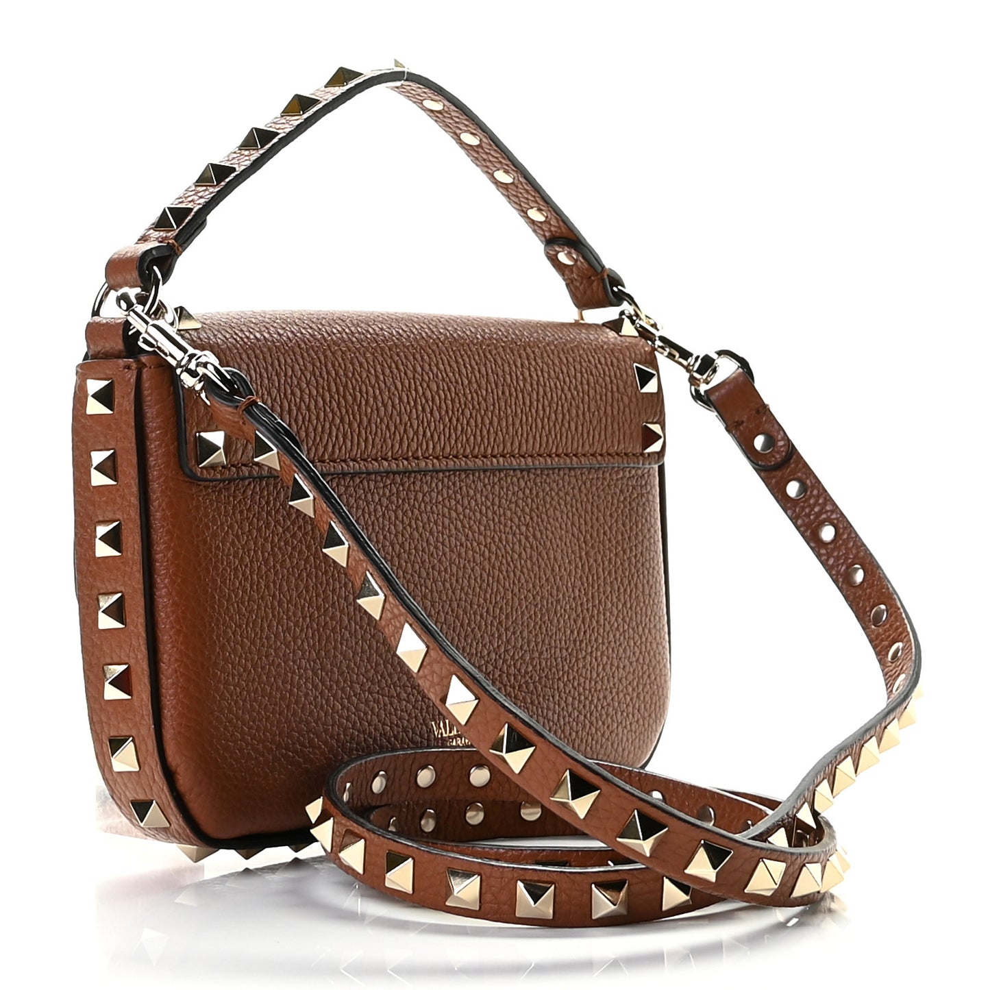 Grainy Calfskin Rockstud Crossbody Pouch Saddle Brown