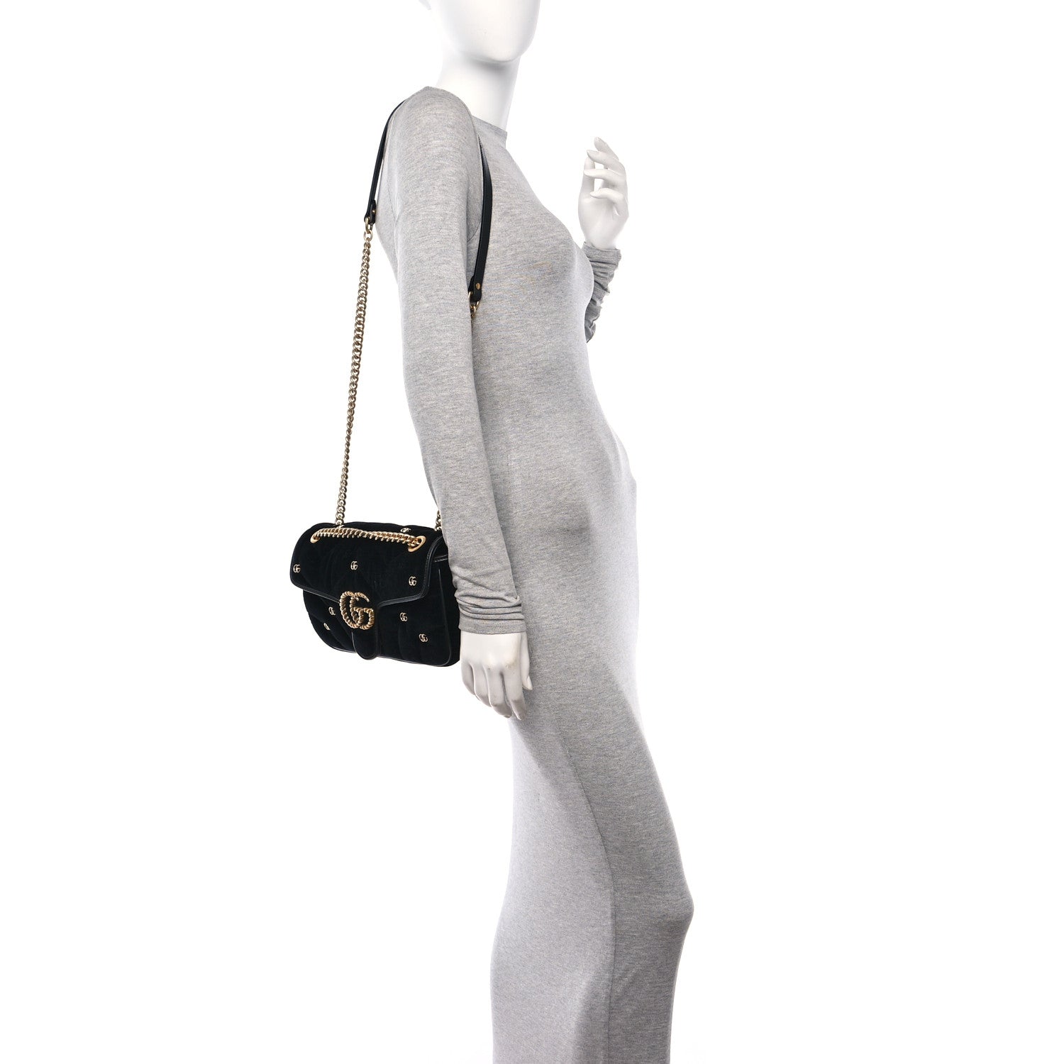 Gucci Velvet Matelasse Double G Studs Small Torchon GG Marmont Shoulder Bag Black 3 of 11