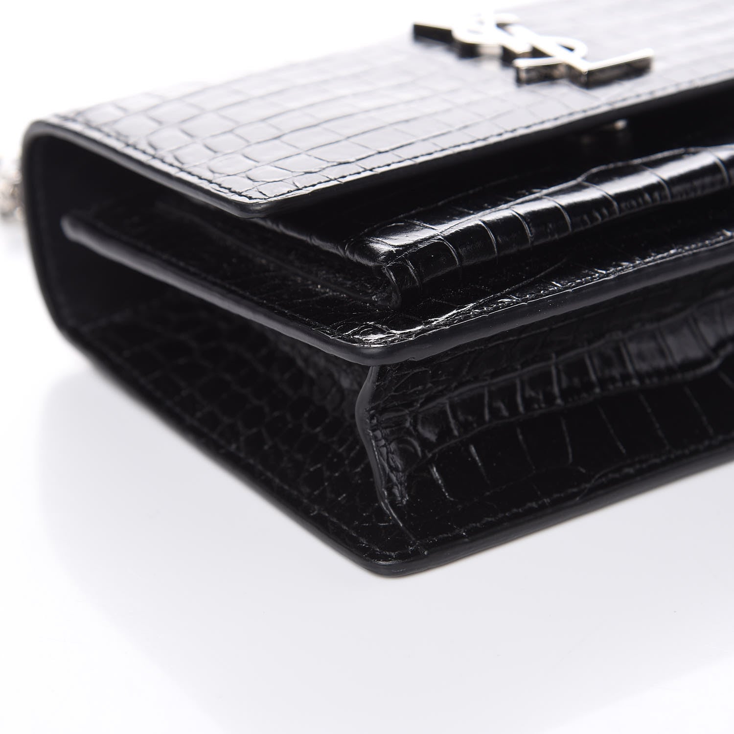 Saint Laurent Calfskin Crocodile Embossed Monogram Sunset Chain Wallet Black 7 of 10