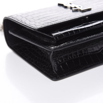 Saint Laurent Calfskin Crocodile Embossed Monogram Sunset Chain Wallet Black 7 of 10