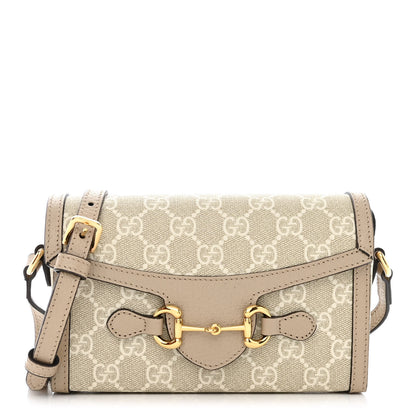 Gucci GG Supreme Monogram Textured Dollar Calfskin Mini Horsebit 1955 Shoulder Bag Beige Mystic White Oatmeal 1 of 10