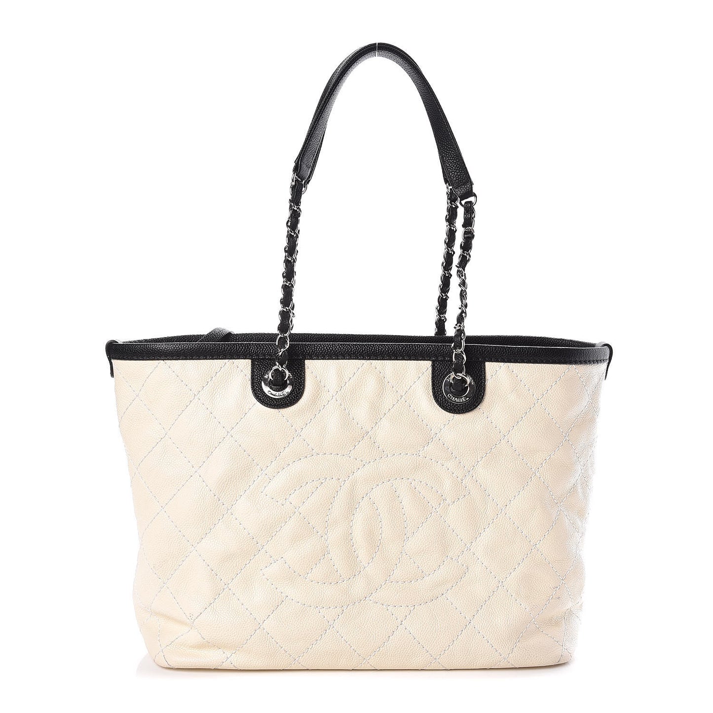 Grained Calfskin Quilted Small Daily Tote Dark White Black