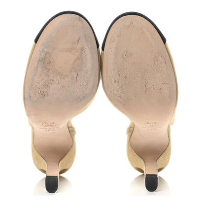 Chanel Kid Suede Grosgrain Cap Toe Pearl Slingback Pumps 36.5 Beige Black 4 of 4
