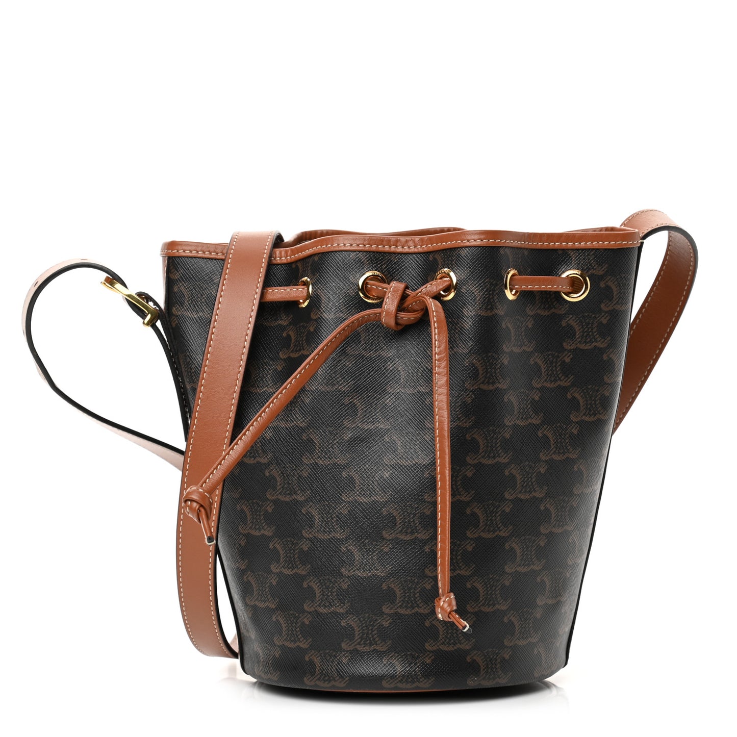 Triomphe Canvas Calfskin Small Drawstring Bucket Bag Tan