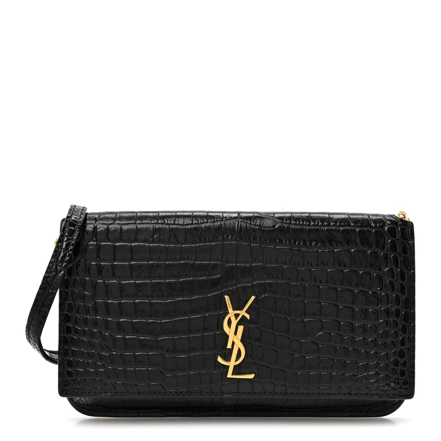 Saint Laurent Crocodile Embossed Monogram Phone Holder Crossbody Black 1 of 9
