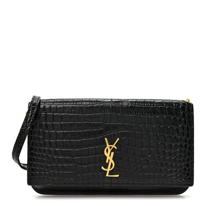 Saint Laurent Crocodile Embossed Monogram Phone Holder Crossbody Black 1 of 9