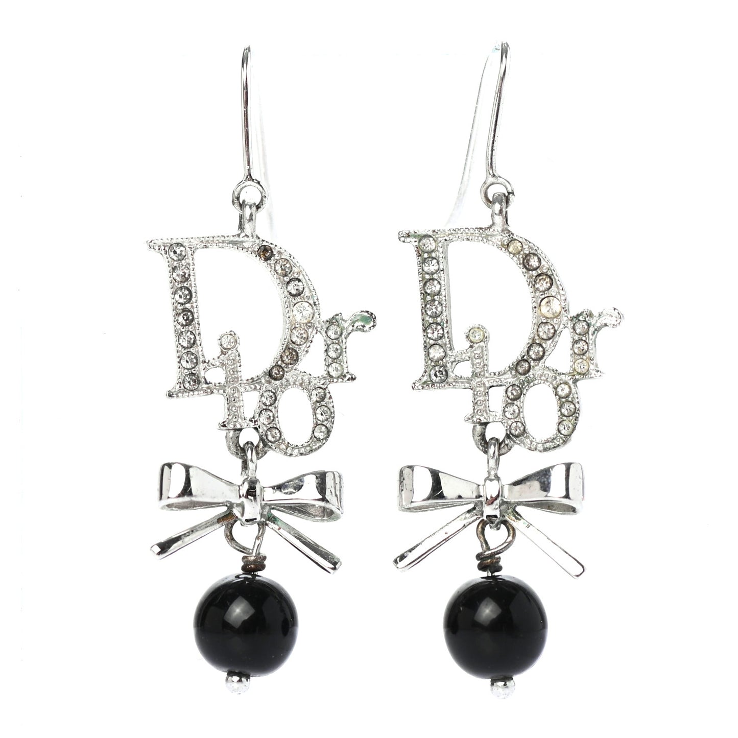 Crystal Logo Bow Drop Earrings Black