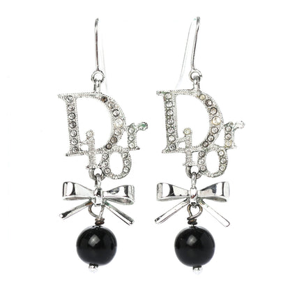 Christian Dior Crystal Logo Bow Drop Earrings Black 1 of 6