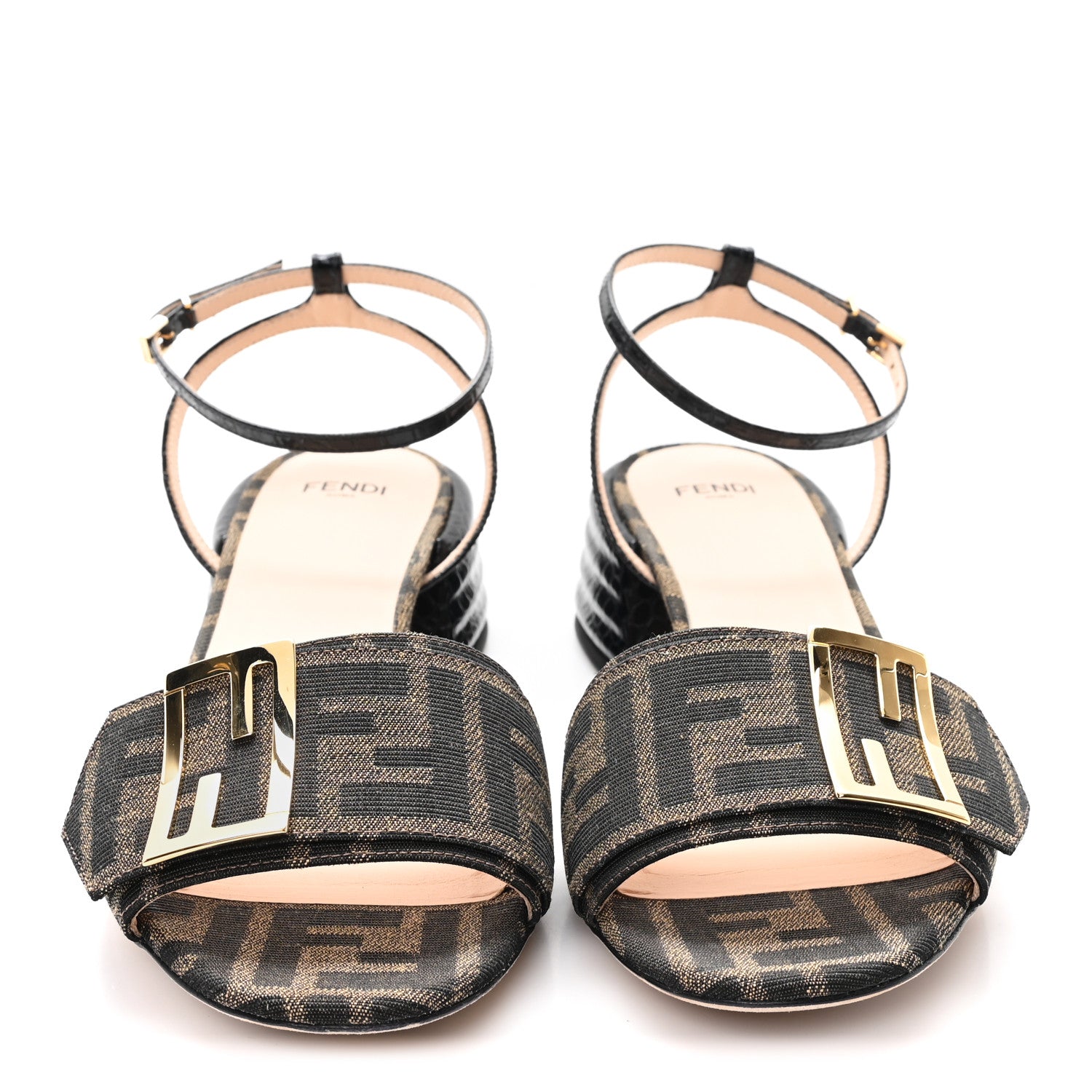 Fendi Jacquard FF Crocodile Embossed Promenade Ankle Strap Sandals 37.5 Tobacco 3 of 9