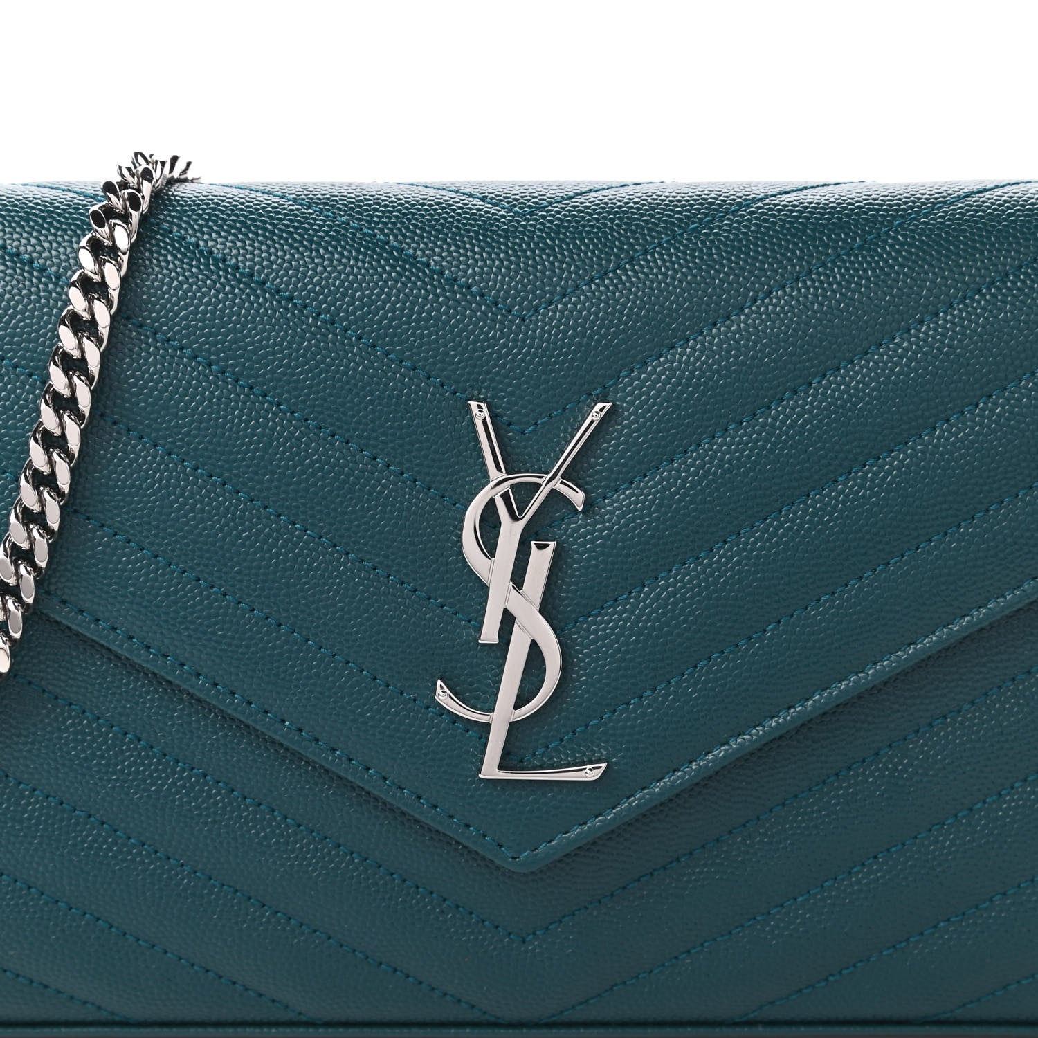 Saint Laurent Grain De Poudre Matelasse Chevron Monogram Chain Wallet Petrol Green 10 of 11
