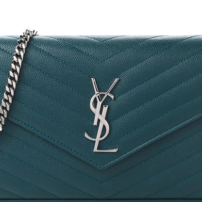 Saint Laurent Grain De Poudre Matelasse Chevron Monogram Chain Wallet Petrol Green 10 of 11