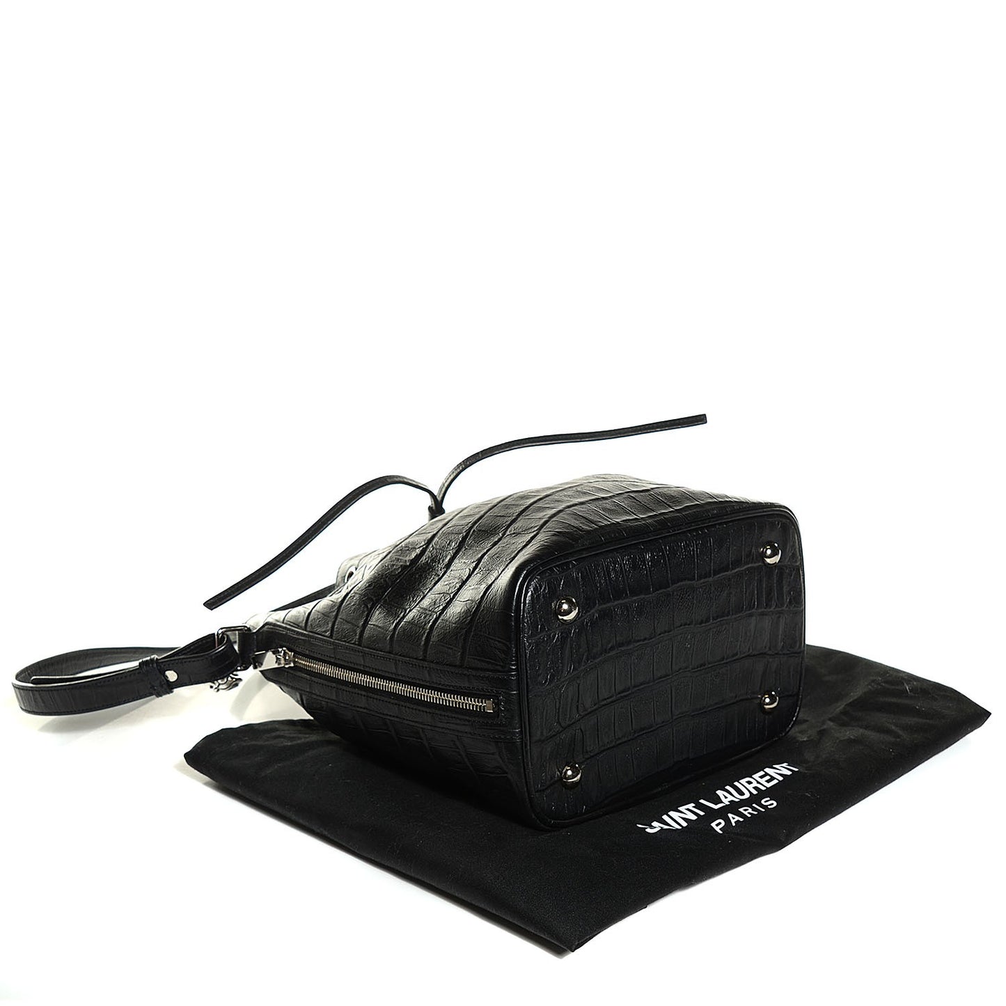 Calfskin Crocodile Embossed Medium Emmanuelle Bucket Bag Black